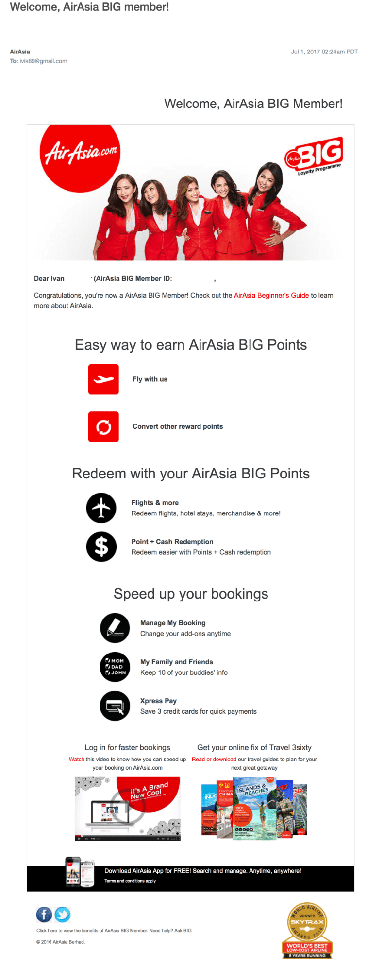 Air Asia Welcome Email